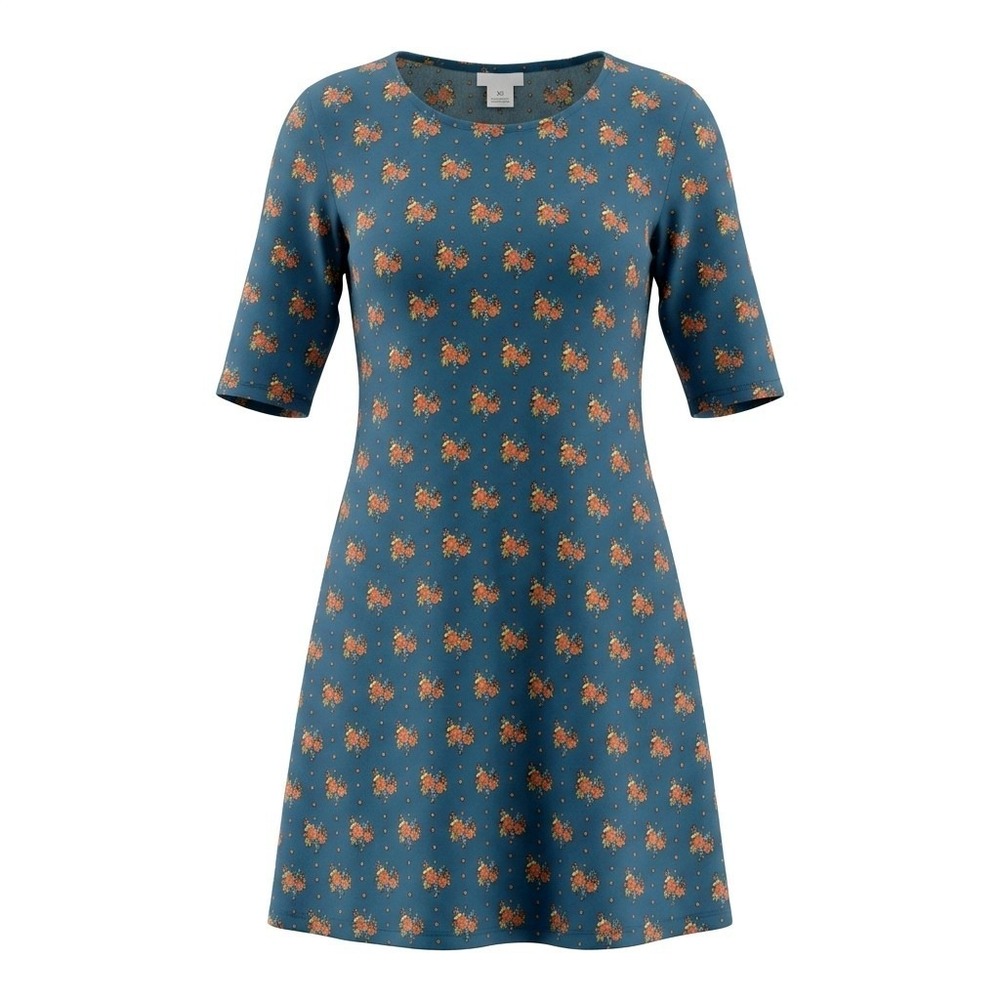 Natural Life XS Mini Trapeze Dress Half Sleeve Round Neck Floral Boho Blue